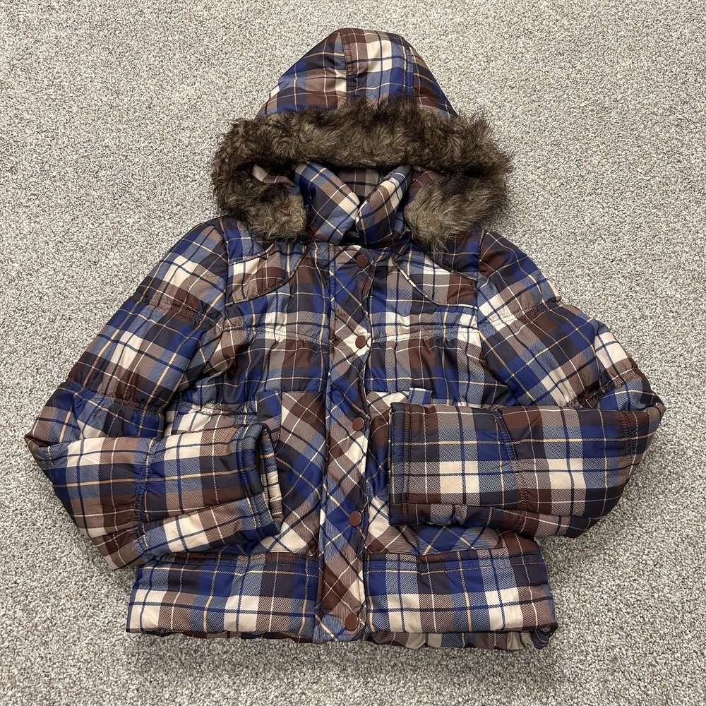 Minus Zero Brown Plaid Puffer Jacket Womens Medium Hooded Faux Fur Trim Short